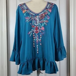 Grand & greene Boho Embroidered Floral Ruffle‎ Peplum Babydoll Blouse size Small